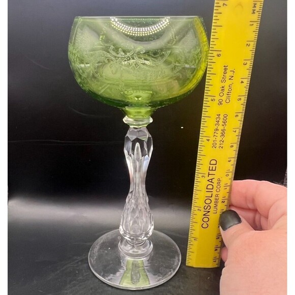 Antique Villeroy & Boch Hock Wine Glass Floral Scrollwork Green Clear Cut Stem - Picture 11 of 15